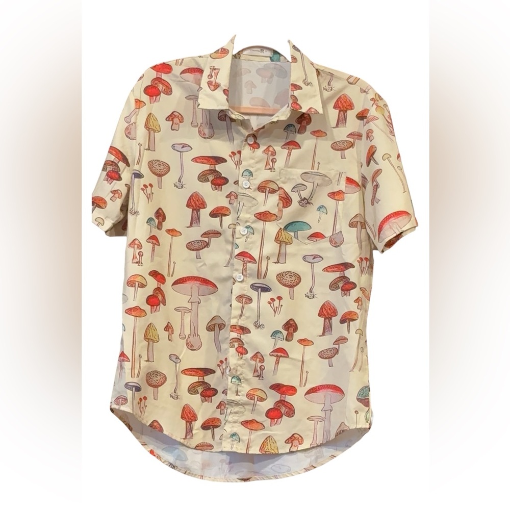 Mushroom (unisex) Print Button Down Shirt Beige Novelty Nature Camp ARZ